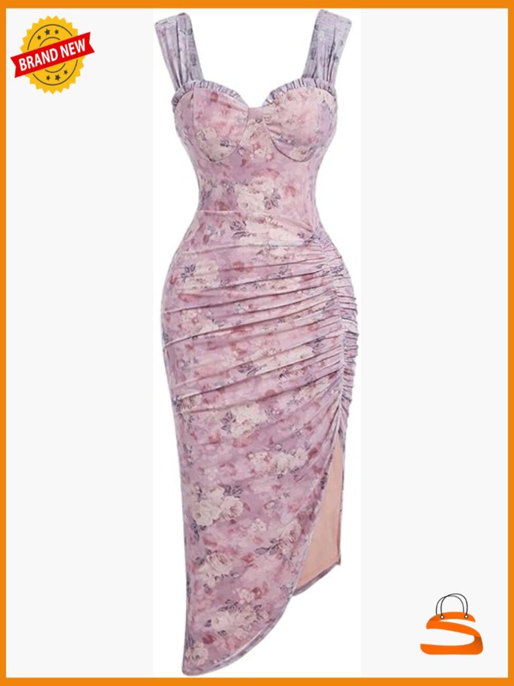 Floral Asymmetrical Cami Midi Dress with Slit Ruched Detail